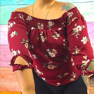 STREETWEAR SOCIETY floral burgundy red 3/4 sleeve off the shoulder blouse